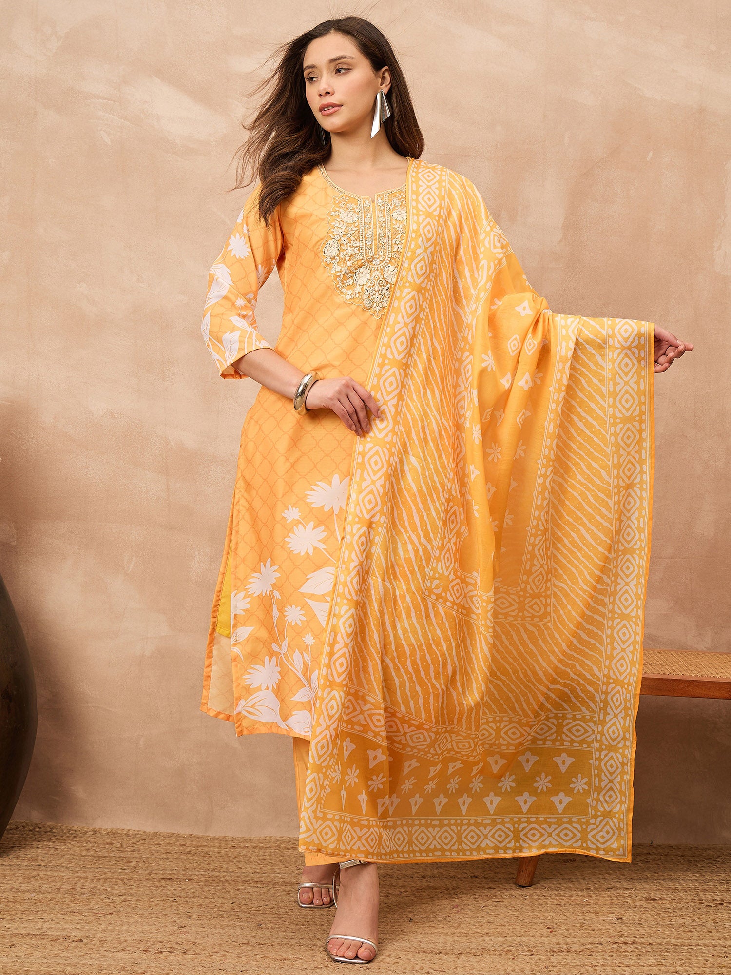 Mustard Silk Blend Printed A-Line Kurta Trouser with Dupatta