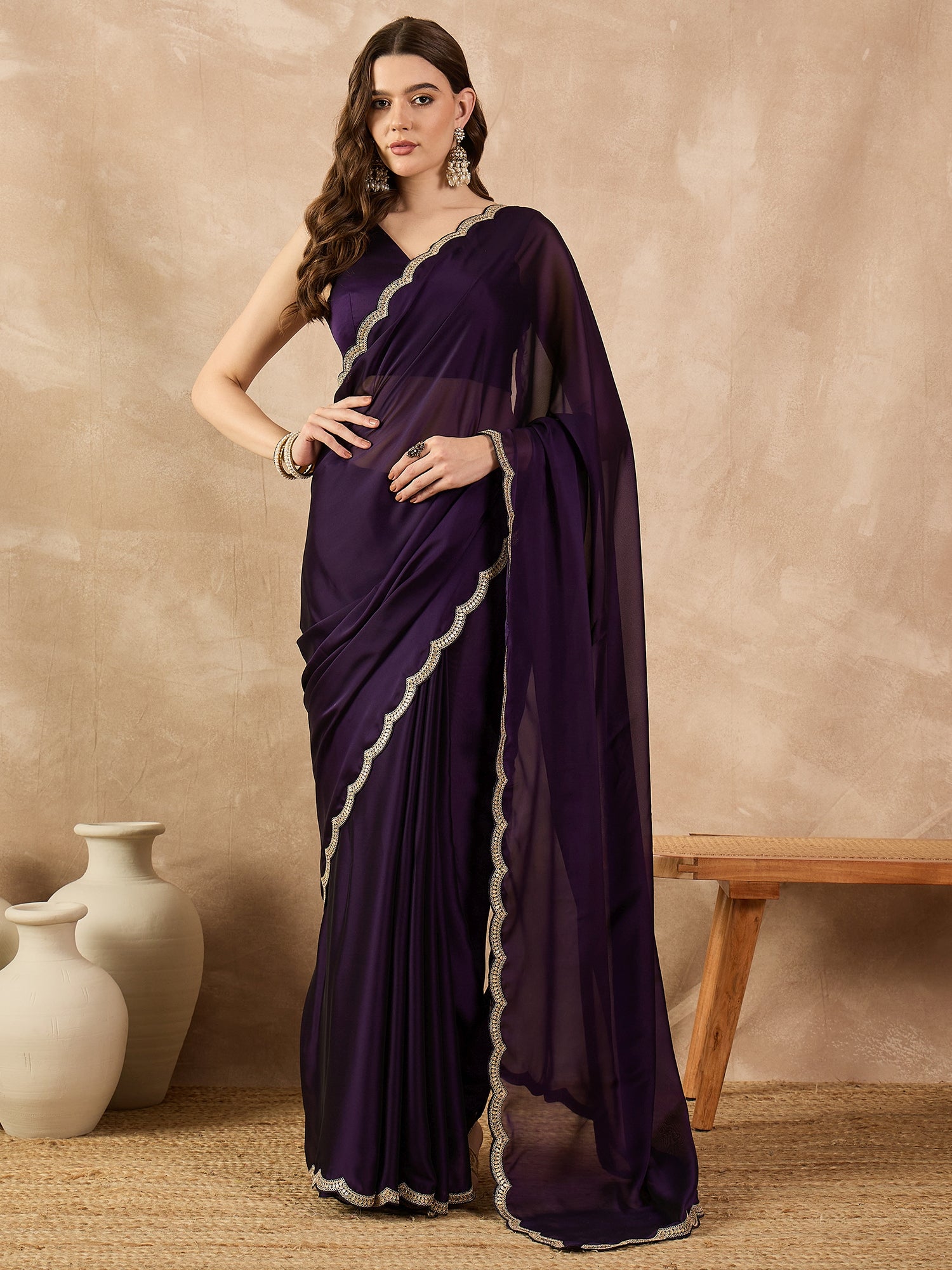 Purple Poly Chiffon Solid with Coding Border Saree with Unstitched Blouse