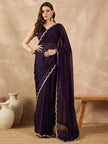Purple Poly Chiffon Solid with Coding Border Saree with Unstitched Blouse