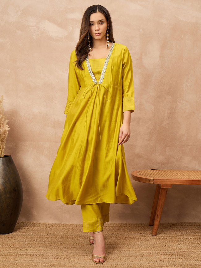 Yellow Silk Blend Solid A-Line Kurta Trouser