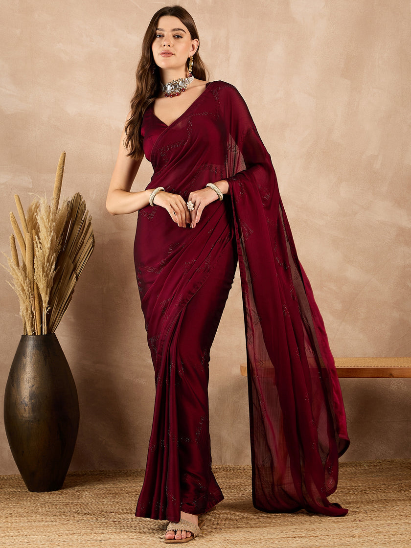 Maroon Satin Solid With Stone Work Border Saree with Unstitched Fancy Blouse