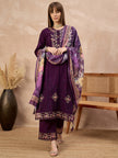 Purple Pure Cotton Beads & Stone Embroidered A-Line Kurta Trouser With Printed Dupatta