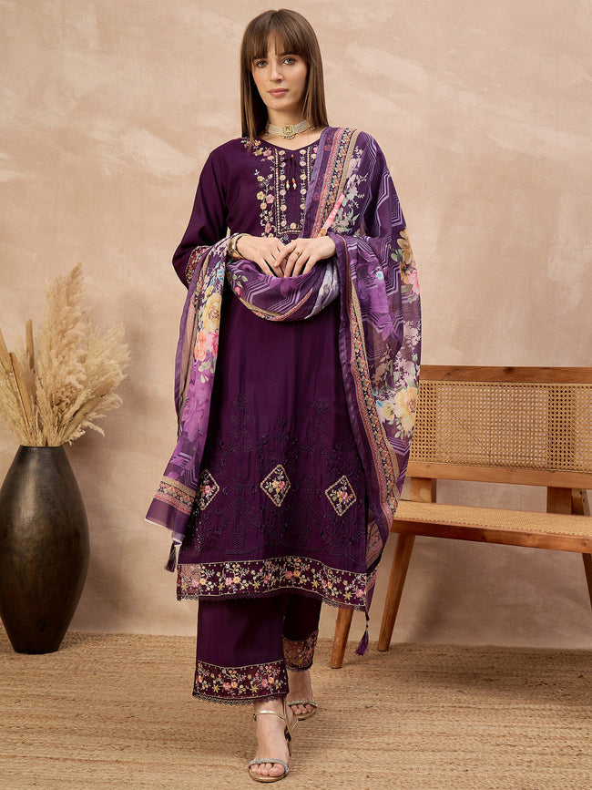 Purple Pure Cotton Beads & Stone Embroidered A-Line Kurta Trouser With Printed Dupatta