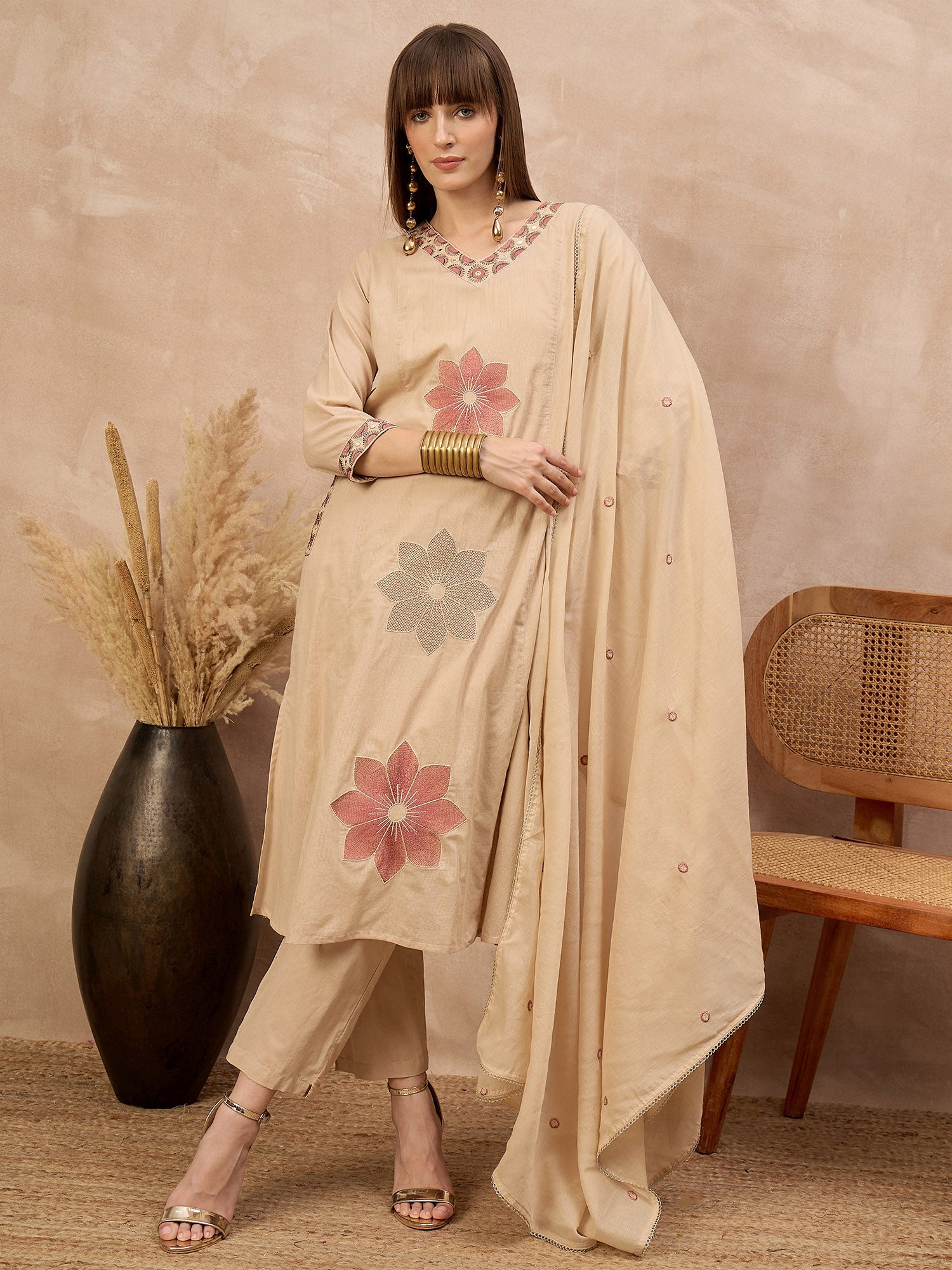 Beige Pure Cotton Floral & Mirror Embroidered A-Line Kurta Trouser With Dupatta