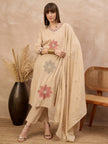 Beige Pure Cotton Floral & Mirror Embroidered A-Line Kurta Trouser With Dupatta