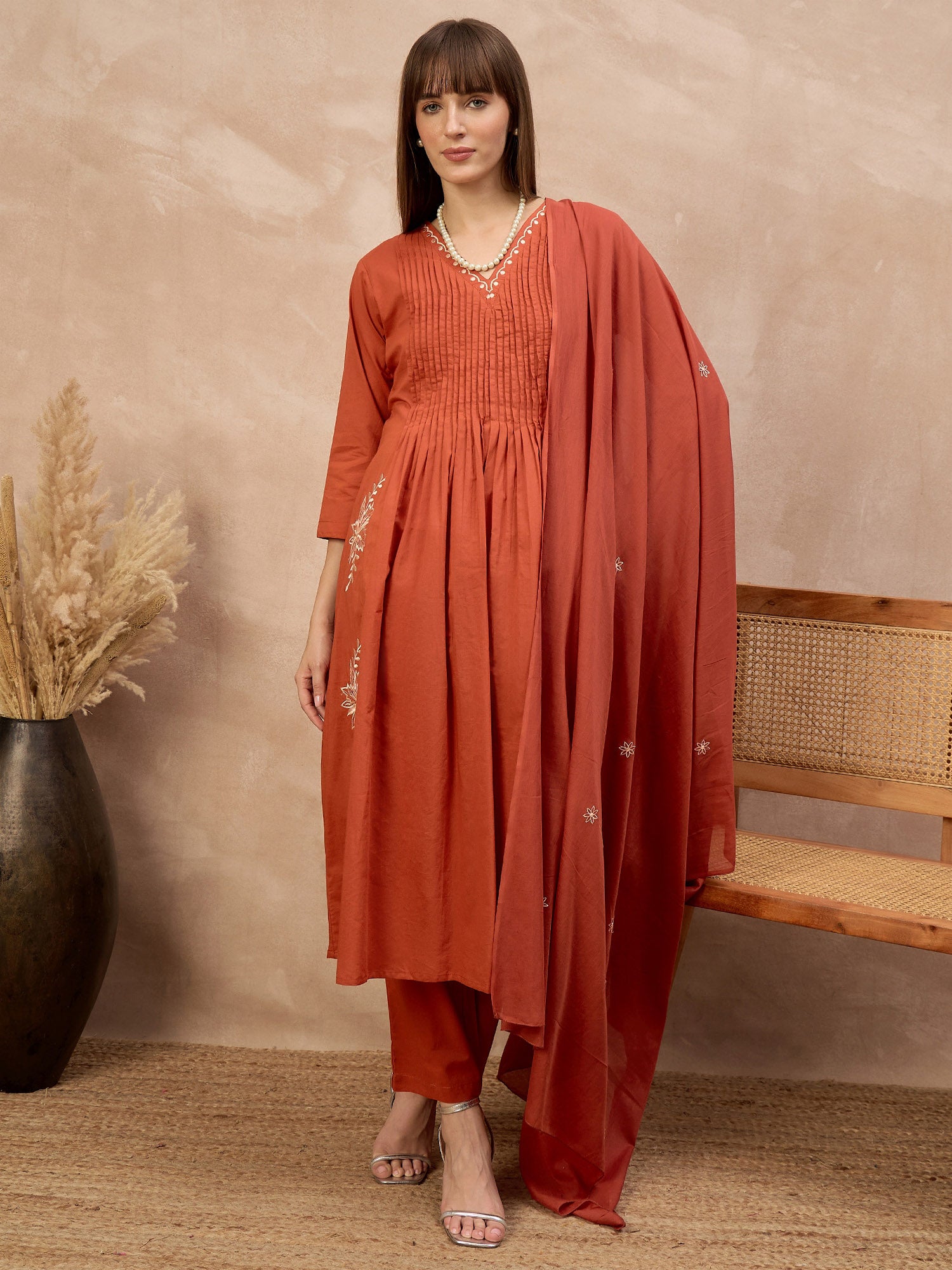Orange Pure Cotton Embroidered Pleated A-Line Kurta Trouser With Dupatta