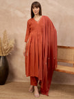 Orange Pure Cotton Embroidered Pleated A-Line Kurta Trouser With Dupatta