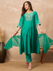 Green Chanderi Silk Solid A-Line Kurta Trouser with Dupatta