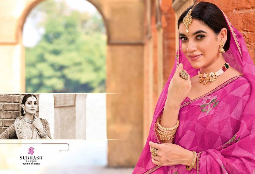 Rakshita: Chiffon Printed Embroidered Sarees with Tusser Silk Blouse
