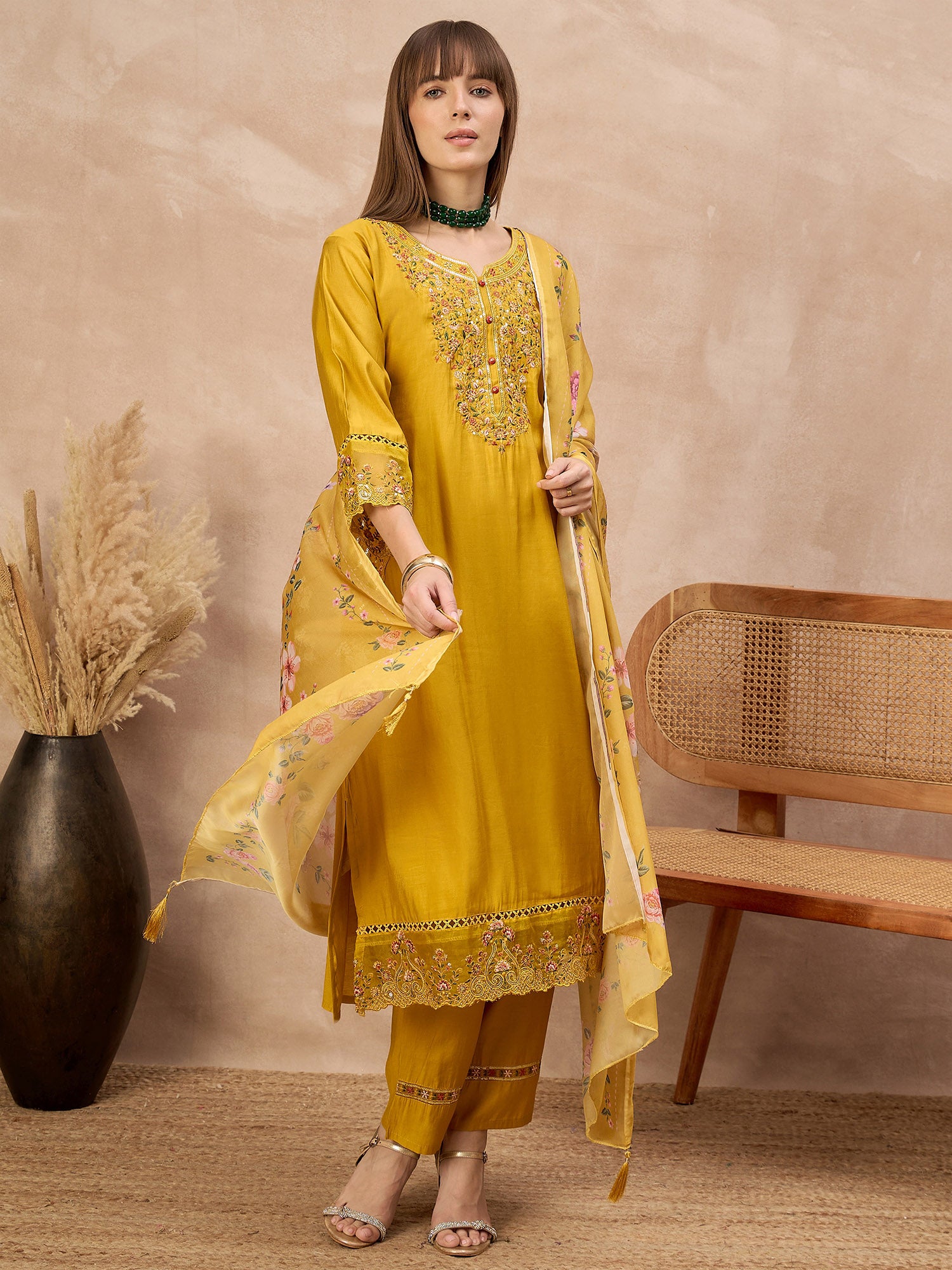 Gold Pure Cotton Beads & Stone Embroidered With Buttons A-Line Kurta Trouser With Printed Dupatta