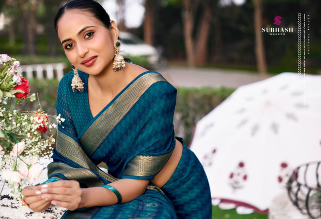Riviera-28 : Soild Moss Chiffon Geo.Printed Saree with Chiffon Blouse
