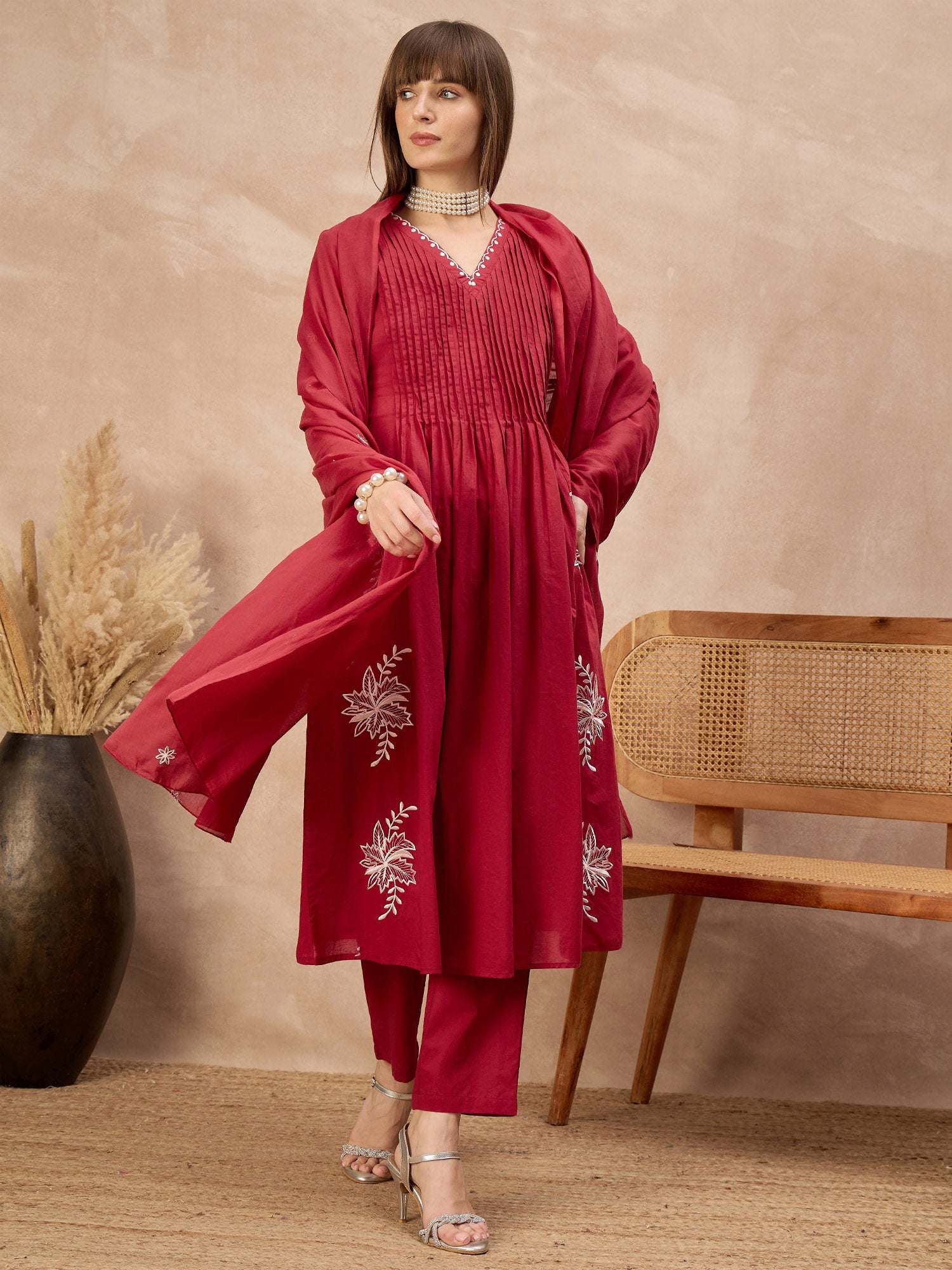 Red Pure Cotton Embroidered Pleated A-Line Kurta Trouser With Dupatta