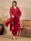 Red Pure Cotton Embroidered Pleated A-Line Kurta Trouser With Dupatta
