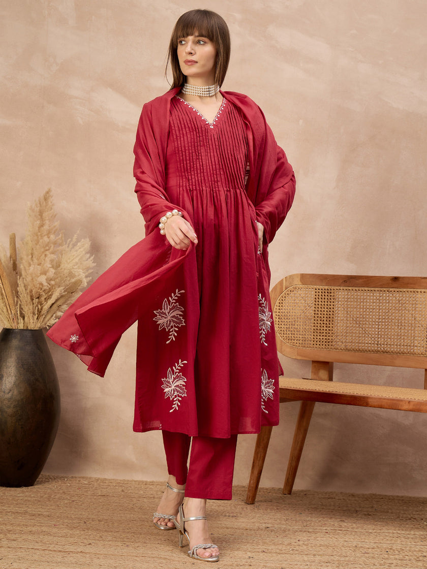 Red Pure Cotton Embroidered Pleated A-Line Kurta Trouser With Dupatta