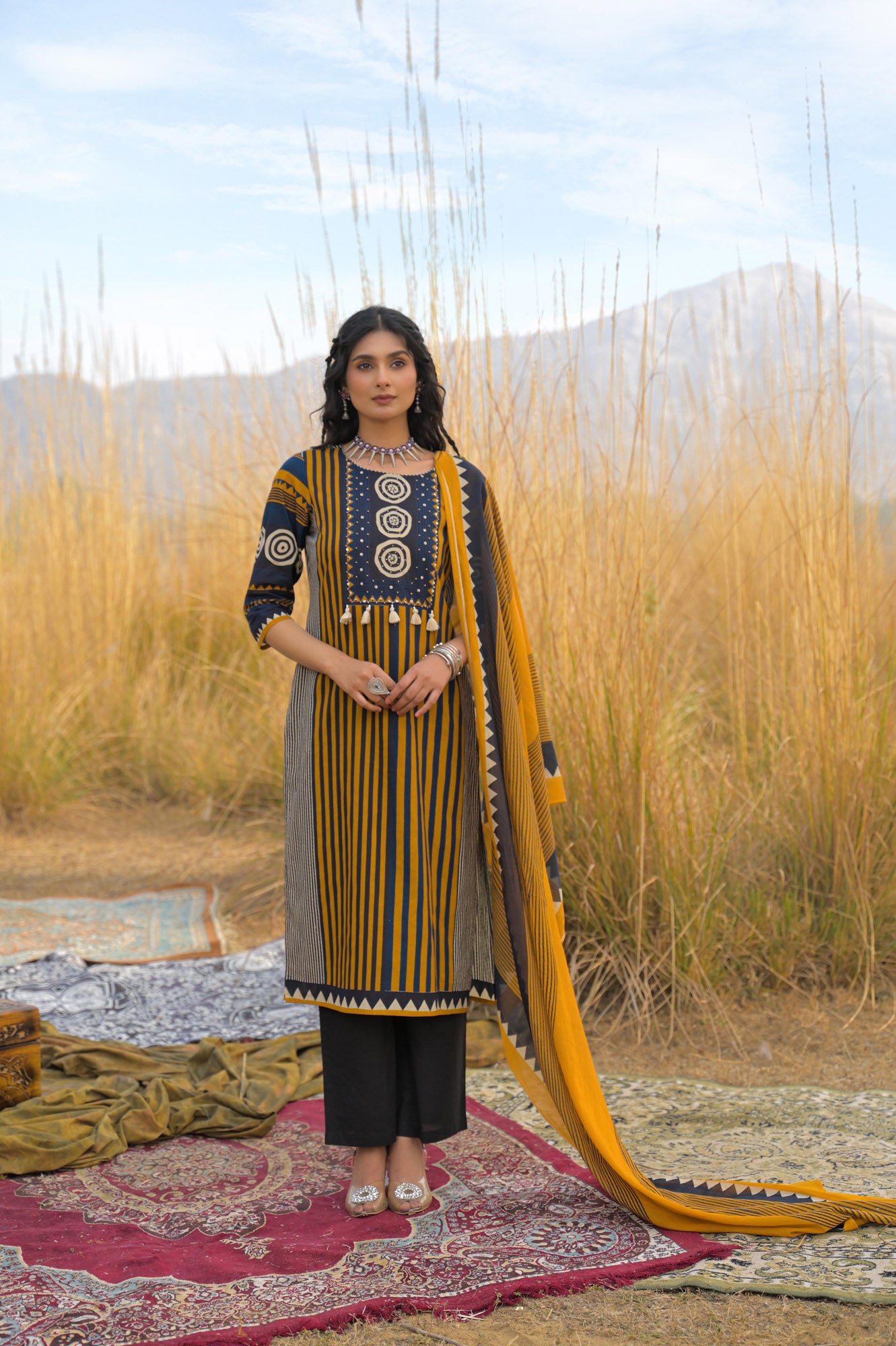 Mustard Pure Cotton Ajrakh Printed A-Line Kurta Trouser With Dupatta