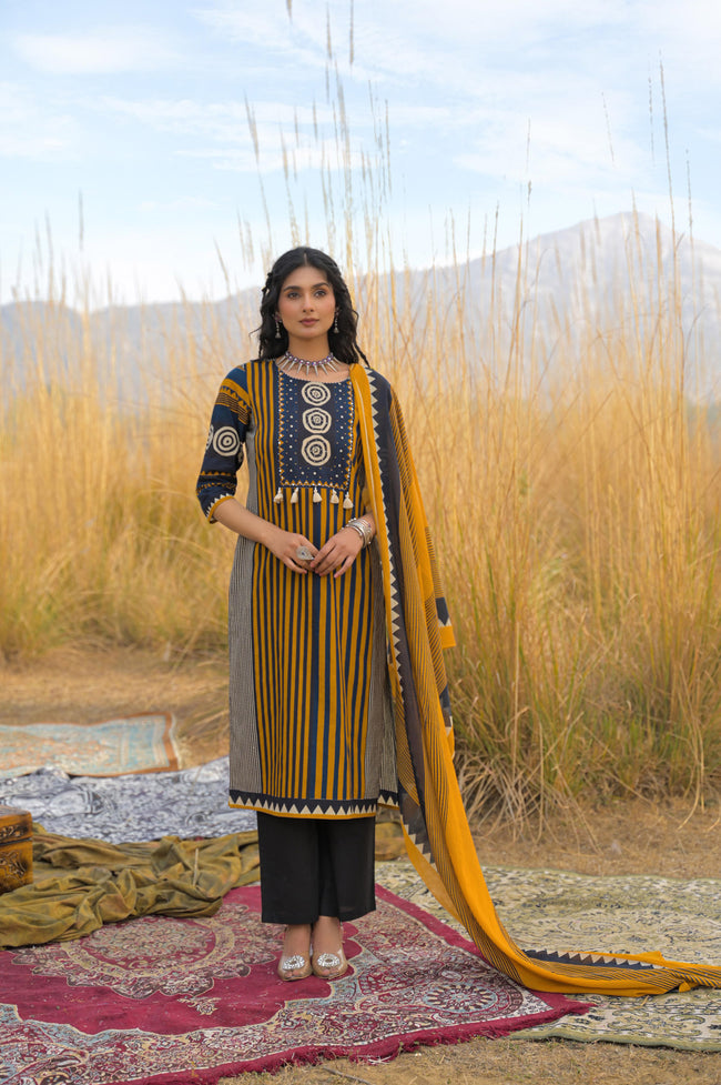 Mustard Pure Cotton Ajrakh Printed A-Line Kurta Trouser With Dupatta