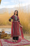 Red Pure Cotton Ajrakh Printed A-Line Kurta Trouser With Dupatta