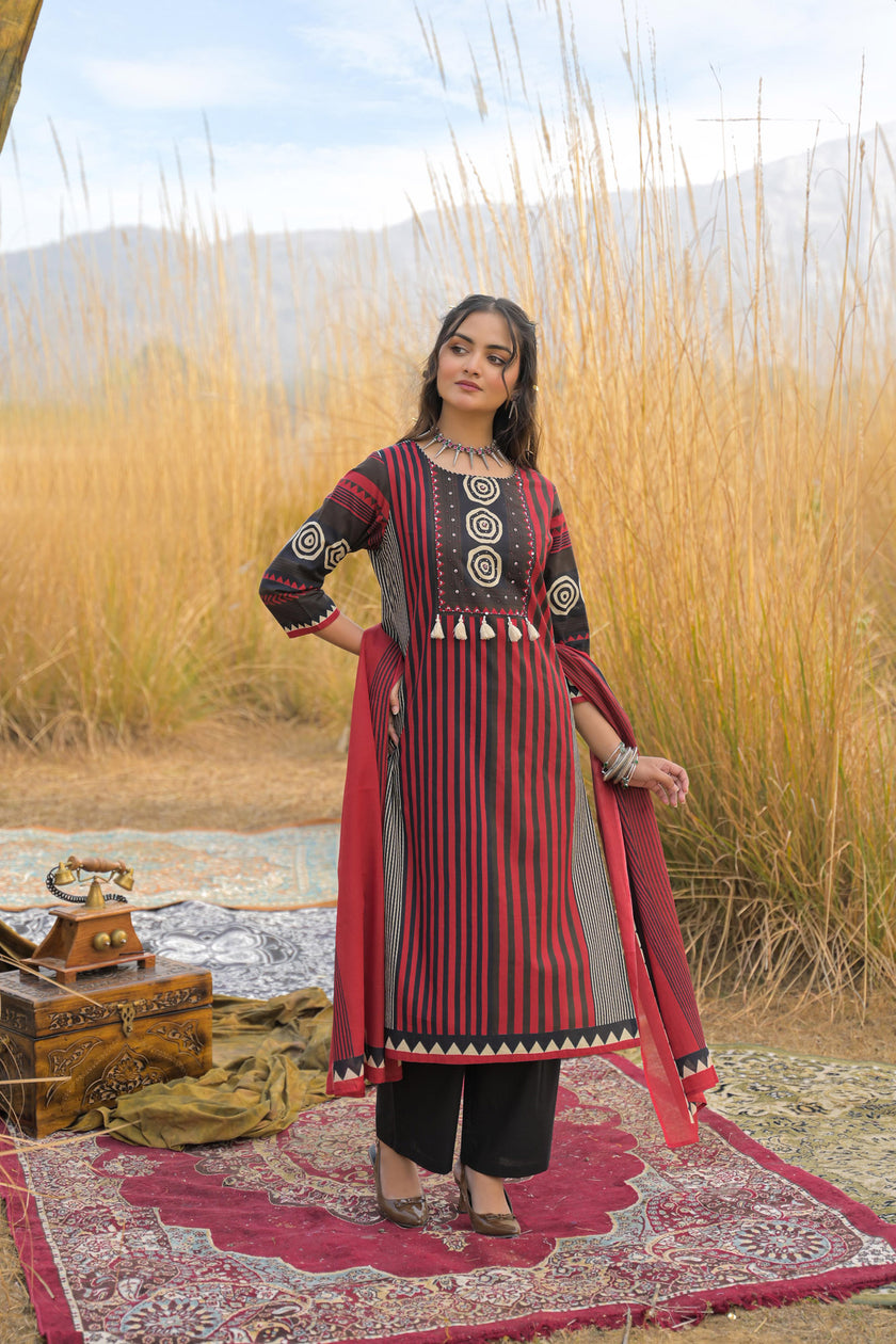 Red Pure Cotton Ajrakh Printed A-Line Kurta Trouser With Dupatta