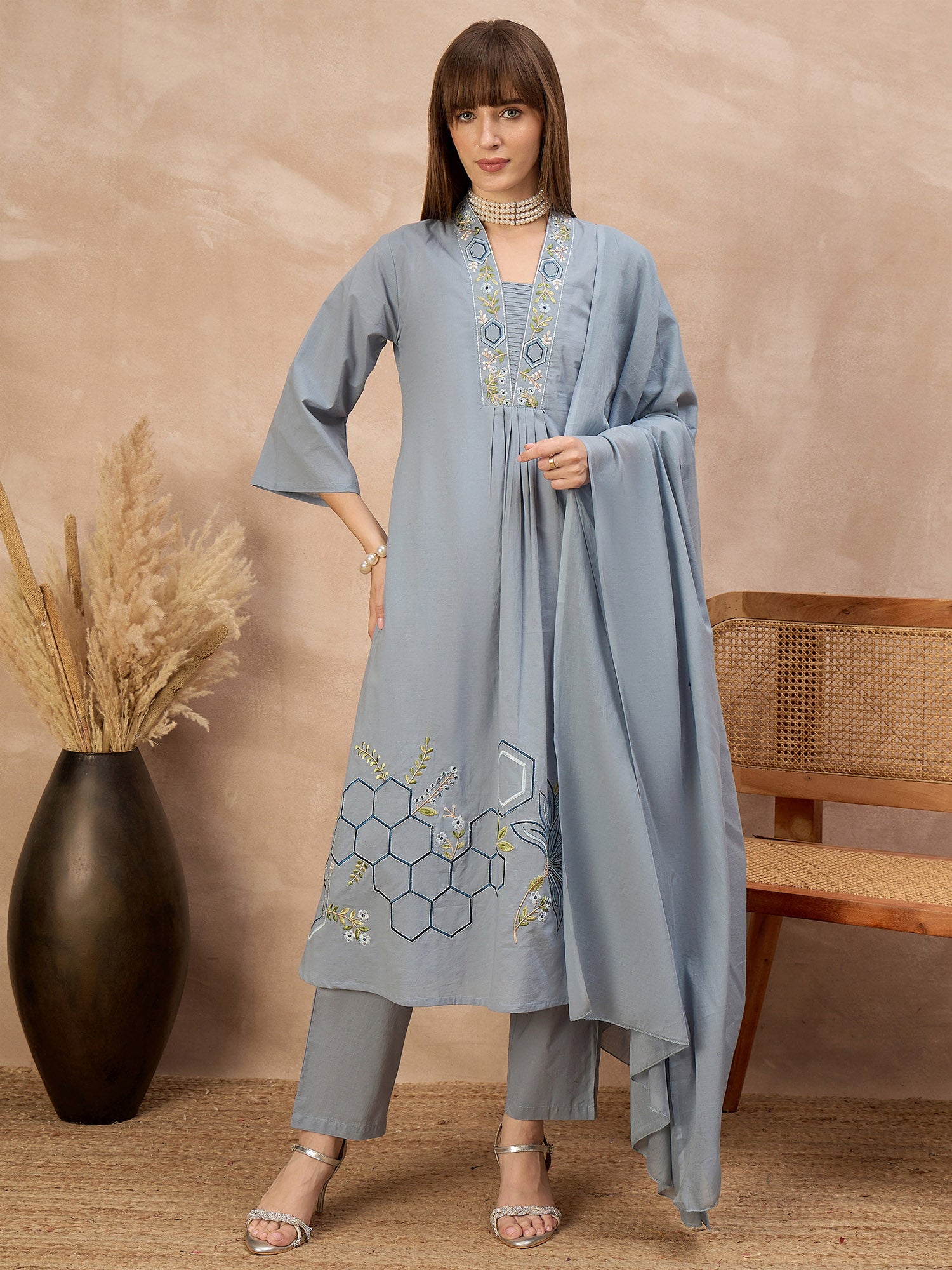 Grey Pure Cotton Floral & Geometric Embroidered A-Line Kurta Trouser With Dupatta