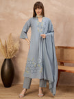 Grey Pure Cotton Floral & Geometric Embroidered A-Line Kurta Trouser With Dupatta