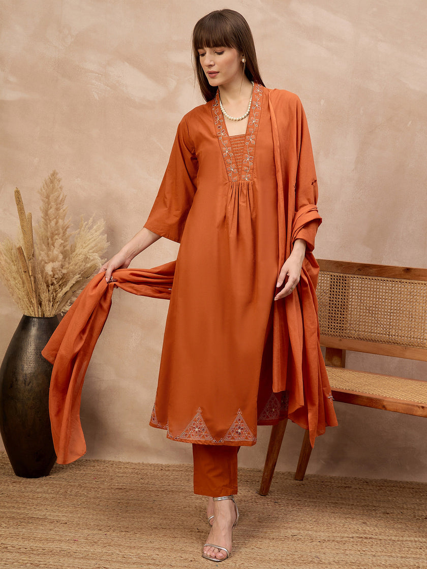 Rust Pure Cotton Geometric Embroidered A-Line Kurta Trouser With Dupatta