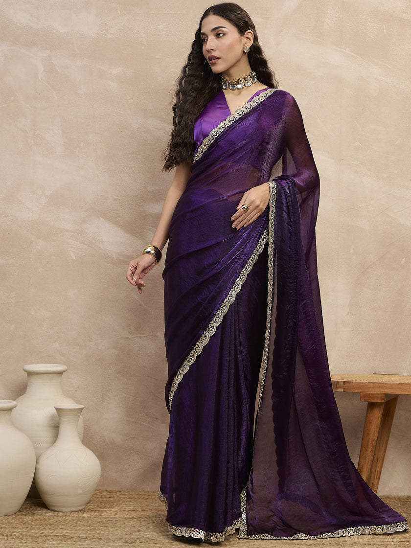 Purple Satin Solid With Embellished Lace Saree with Unstitched Blouse