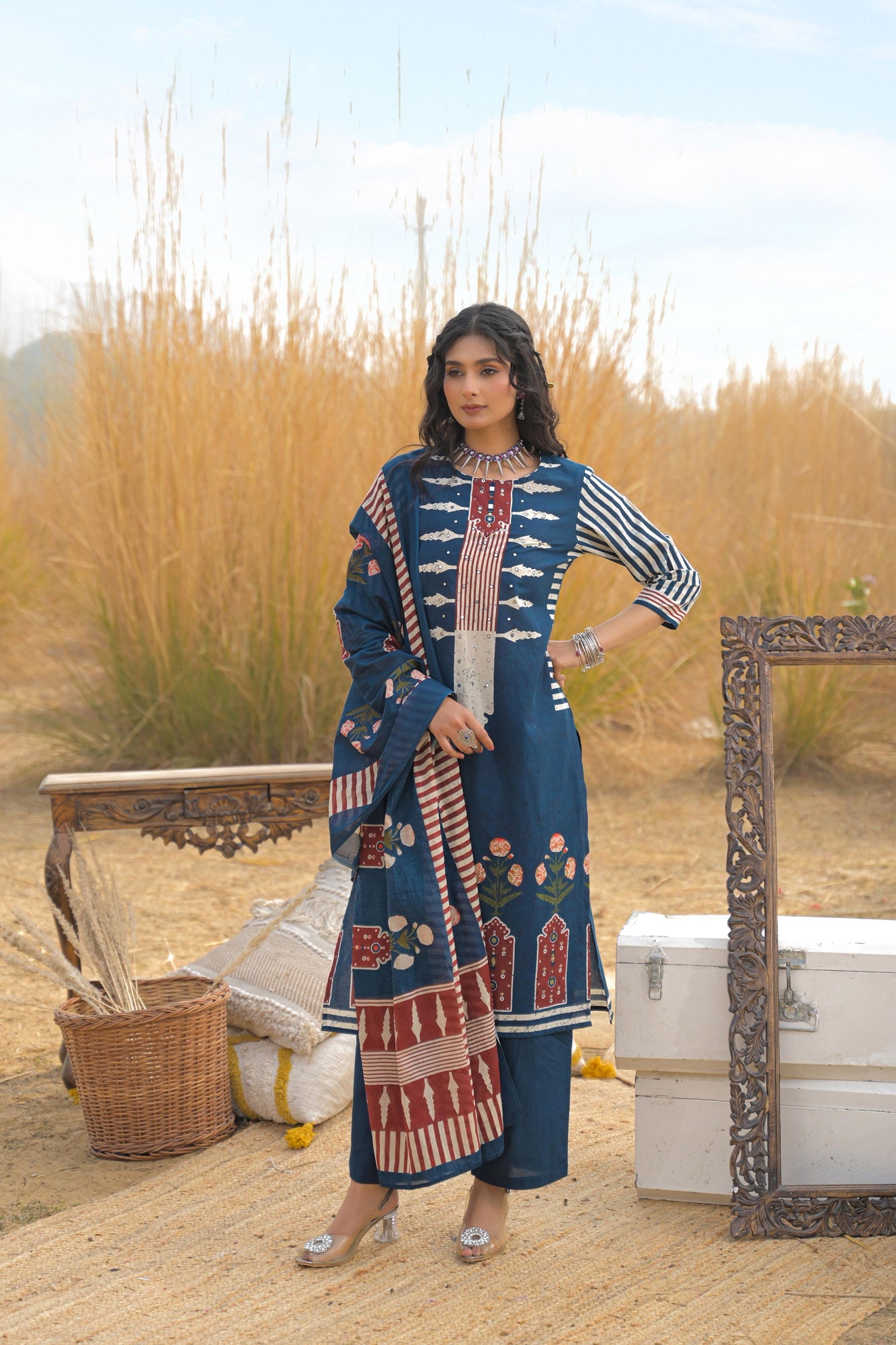 Blue Pure Cotton Ajrakh Printed A-Line Kurta Trouser With Dupatta