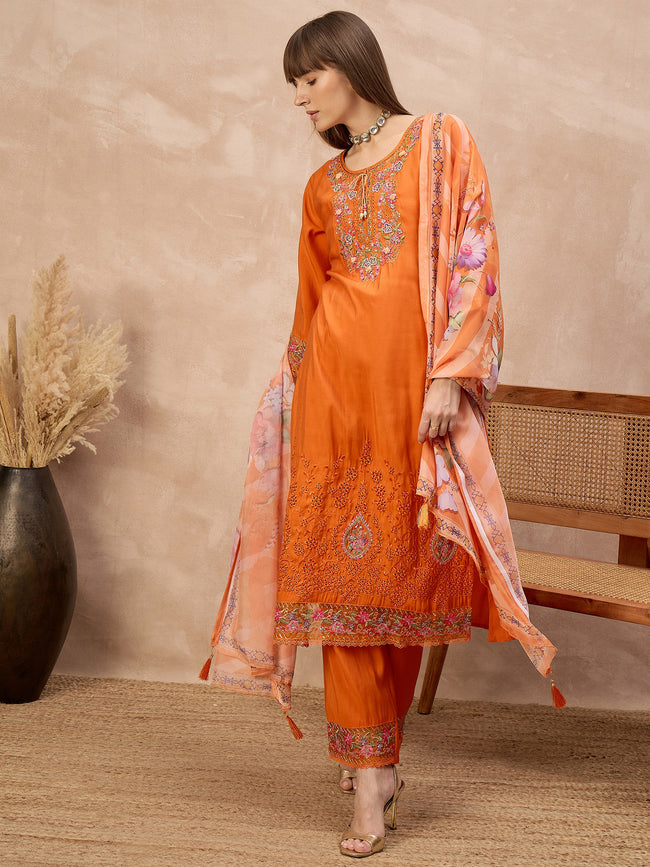 Orange Pure Cotton Beads & Stone Embroidered A-Line Kurta Trouser With Printed Dupatta