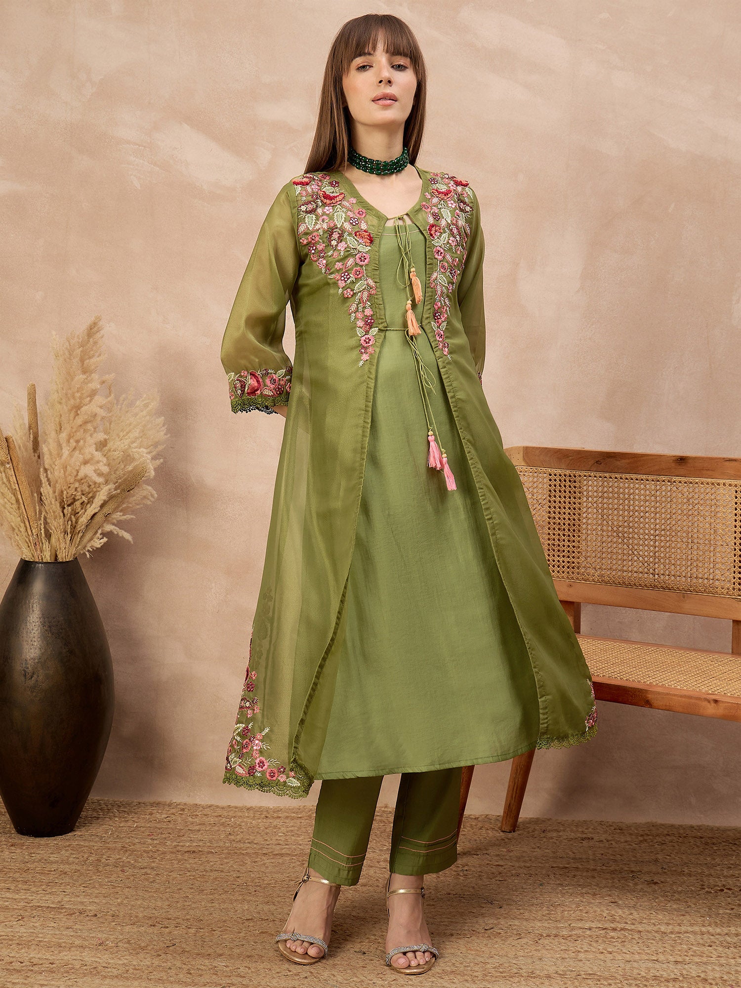 Olive Pure Cotton Solid A-Line Kurta Trouser With Floral & Mirror Embroidered Shrug