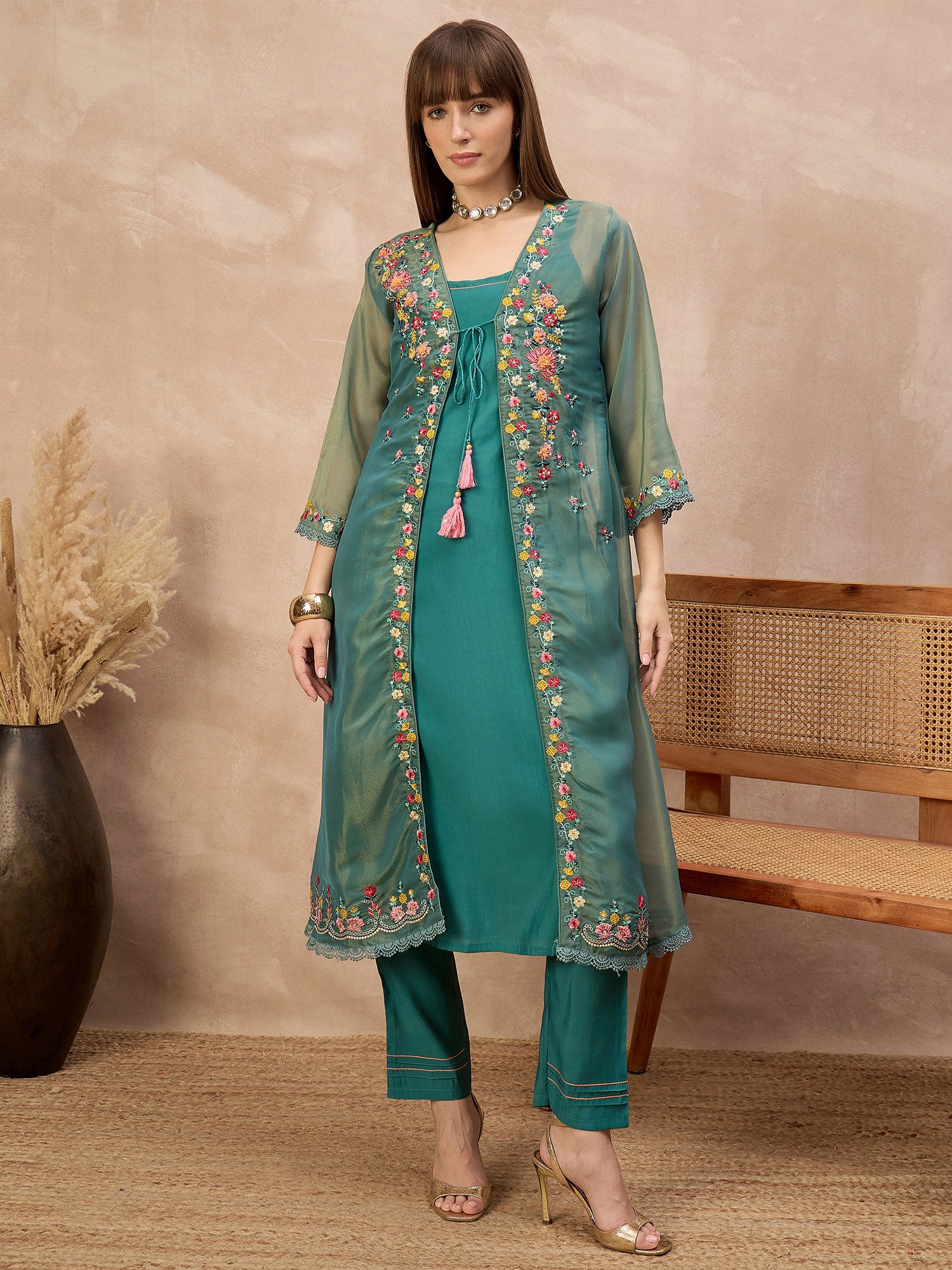 Green Pure Cotton Solid A-Line Kurta Trouser With Floral & Mirror Embroidered Shrug