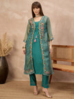 Green Pure Cotton Solid A-Line Kurta Trouser With Floral & Mirror Embroidered Shrug