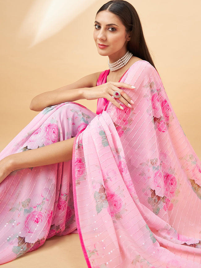 Light Pink Georgette Digital Floral Print With Embellished Lace Saree with Unstitched Fancy Blouse