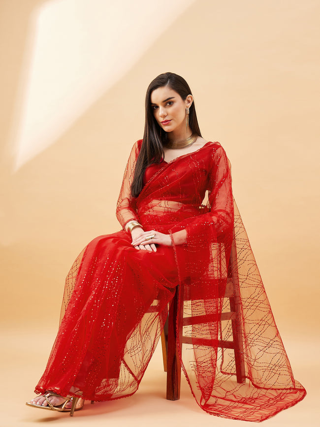 Red Net  Sequinned with Embllished Border Saree with Unstitched Fancy Blouse