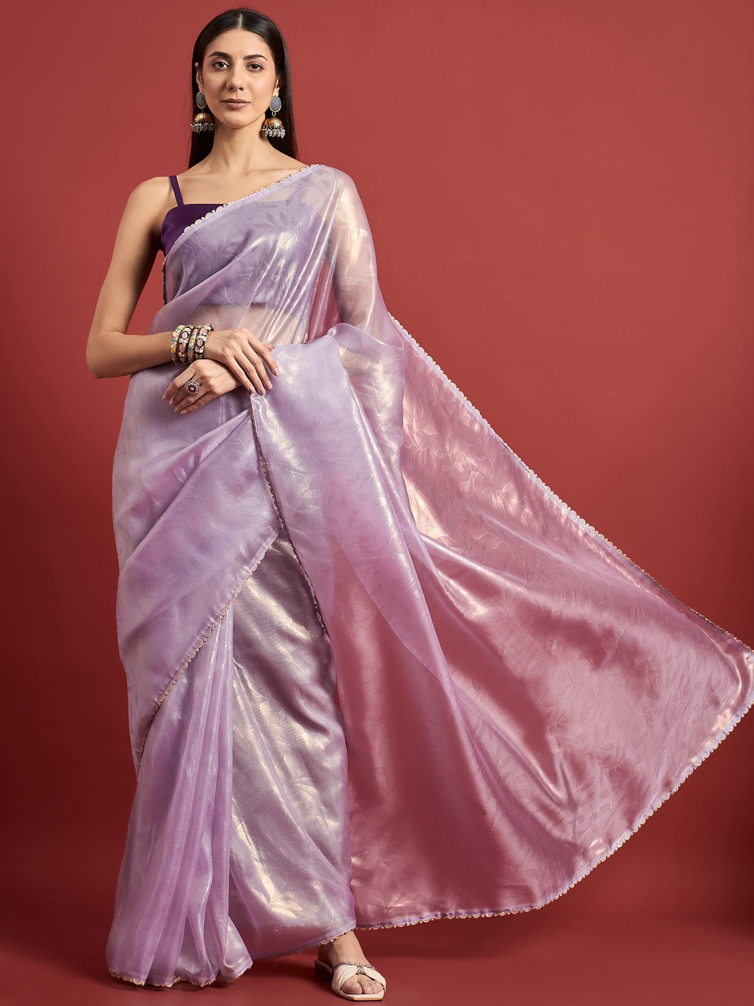 Lavender Organza Solid With Embellished Lace Saree with Unstitched Fancy Blouse