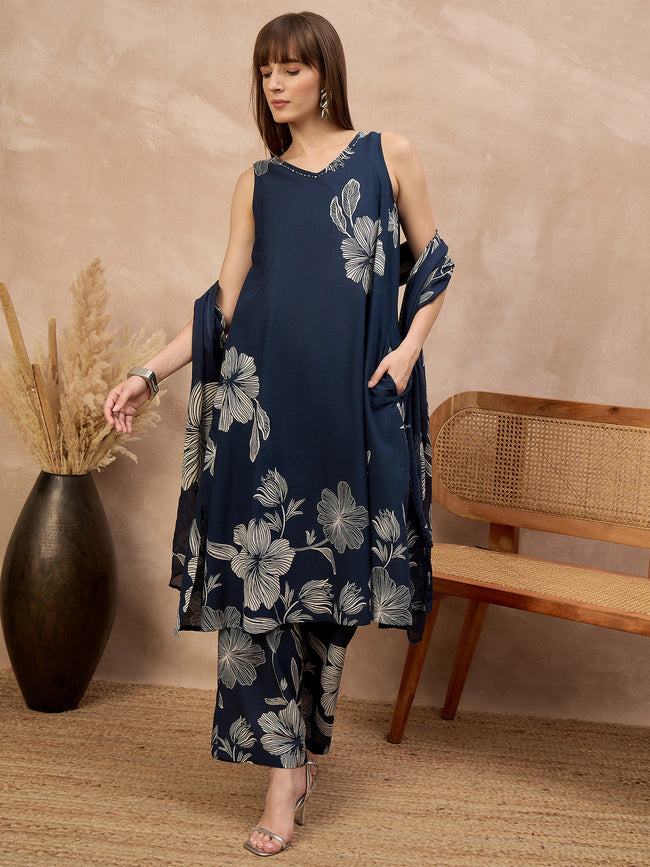 Blue Pure Cotton Floral Printed A-Line Sleeveless Kurta Trouser With Printed Dupatta