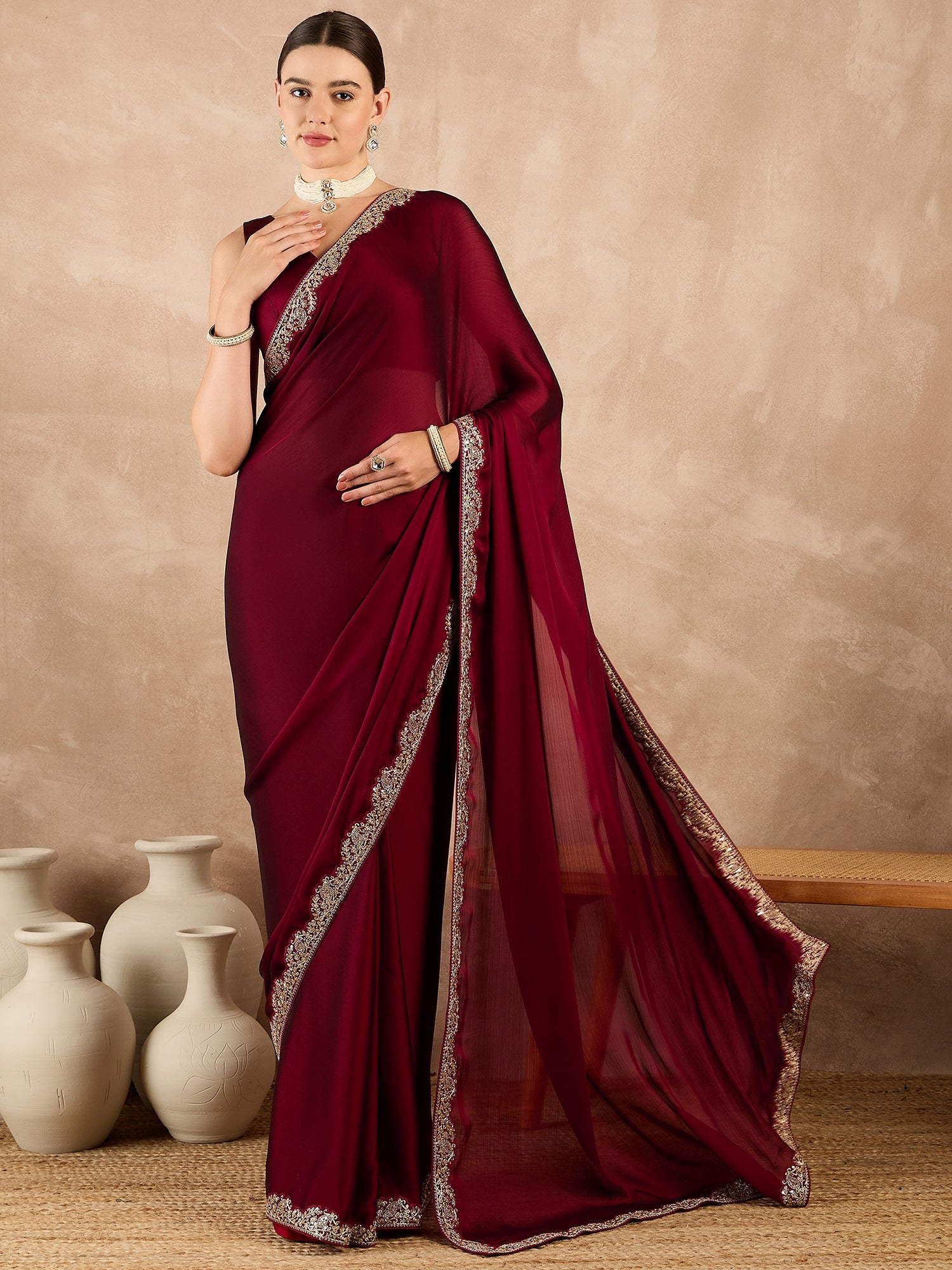 Maroon Satin Solid With Embroidered Border Saree with Unstitched Fancy Blouse