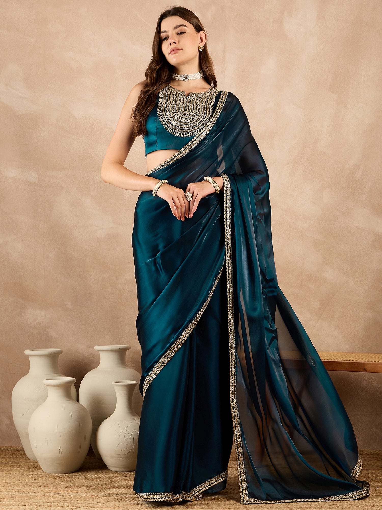 Blue Satin Solid With Sequenced Border Saree with Unstitched Fancy Blouse