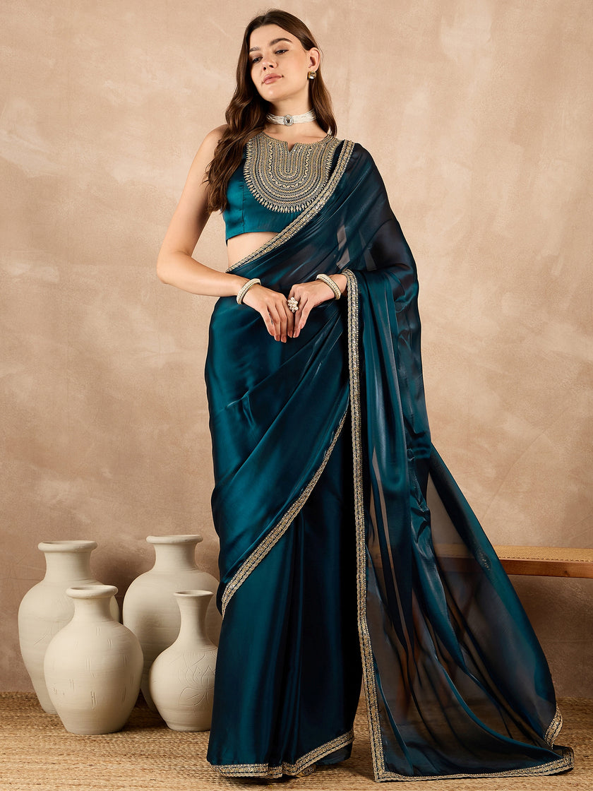 Blue Satin Solid With Sequenced Border Saree with Unstitched Fancy Blouse