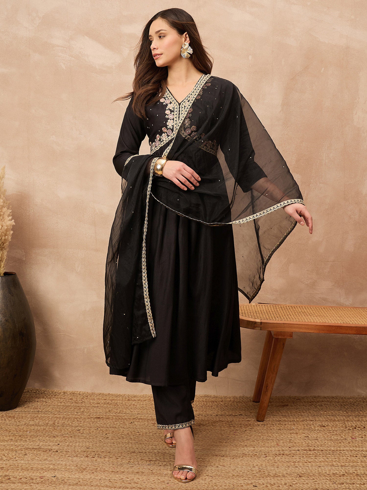 Black Silk Blend Solid A-Line Kurta Trouser with Dupatta