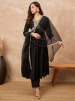 Black Silk Blend Solid A-Line Kurta Trouser with Dupatta
