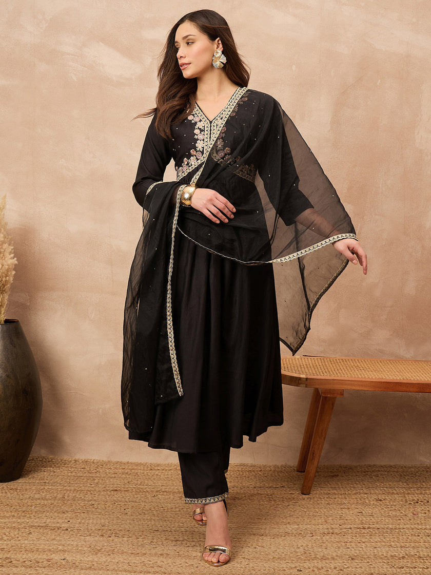 Black Silk Blend Solid A-Line Kurta Trouser with Dupatta