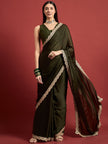 Olive Satin Solid With Embroidered Border Saree with Unstitched Fancy Blouse