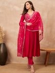 Pink Silk Blend Solid A-Line Kurta Trouser with Dupatta