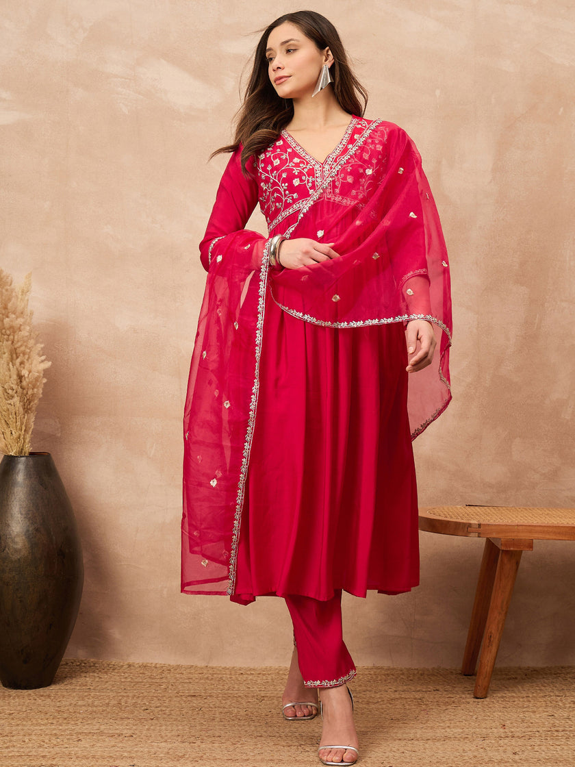 Pink Silk Blend Solid A-Line Kurta Trouser with Dupatta