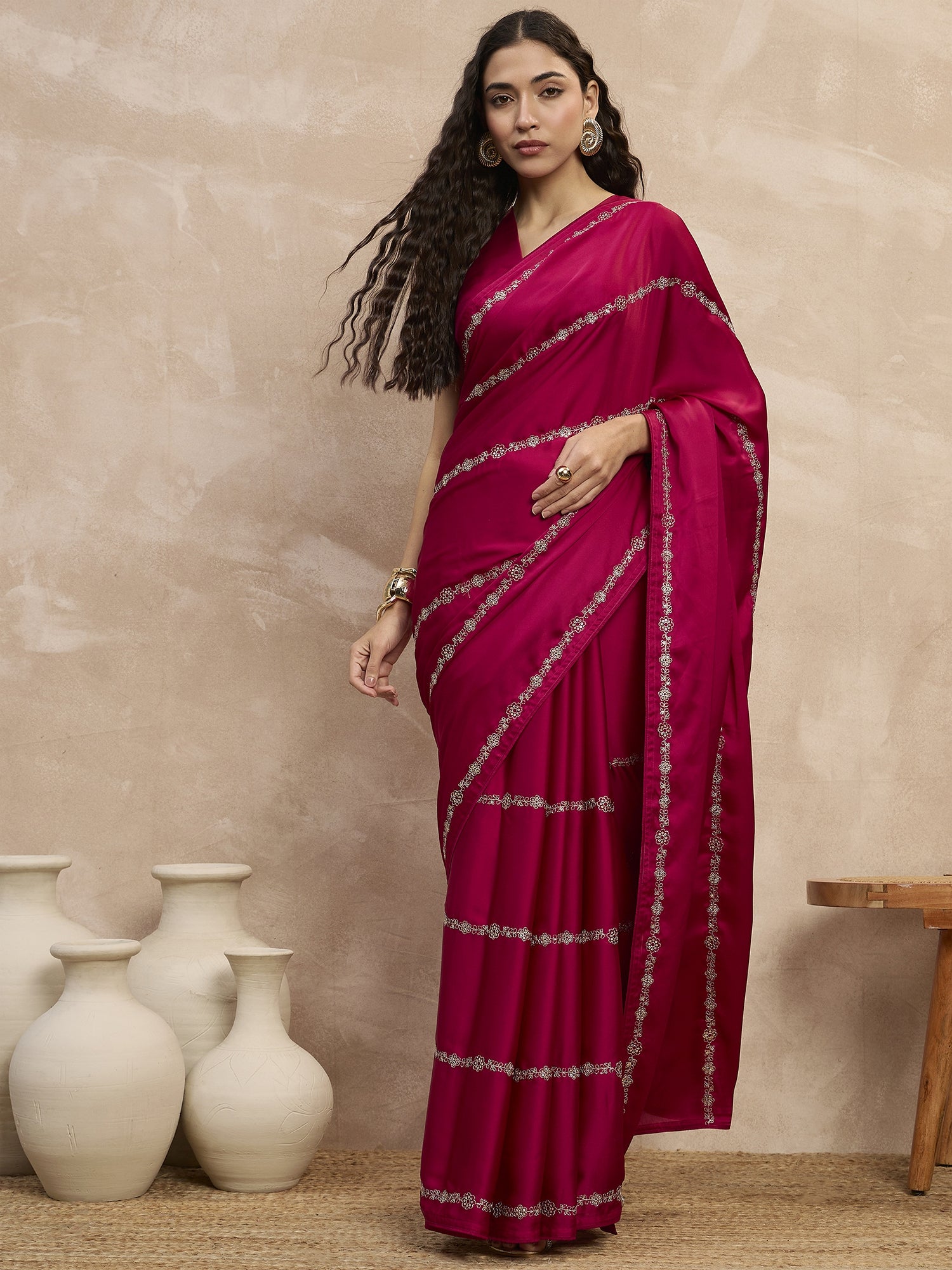 Magenta Satin Stripped Silver Jari Work  Saree with Unstitched Blouse