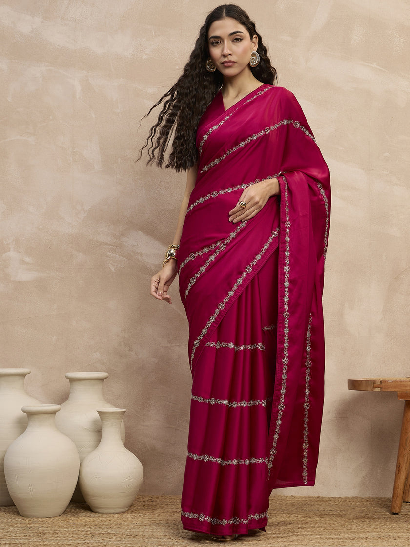 Magenta Satin Stripped Silver Jari Work  Saree with Unstitched Blouse