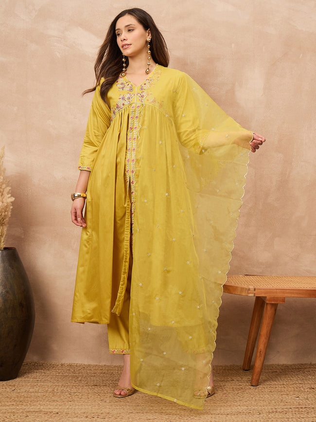 Yellow Silk Blend Solid A-Line Kurta Trouser with Dupatta