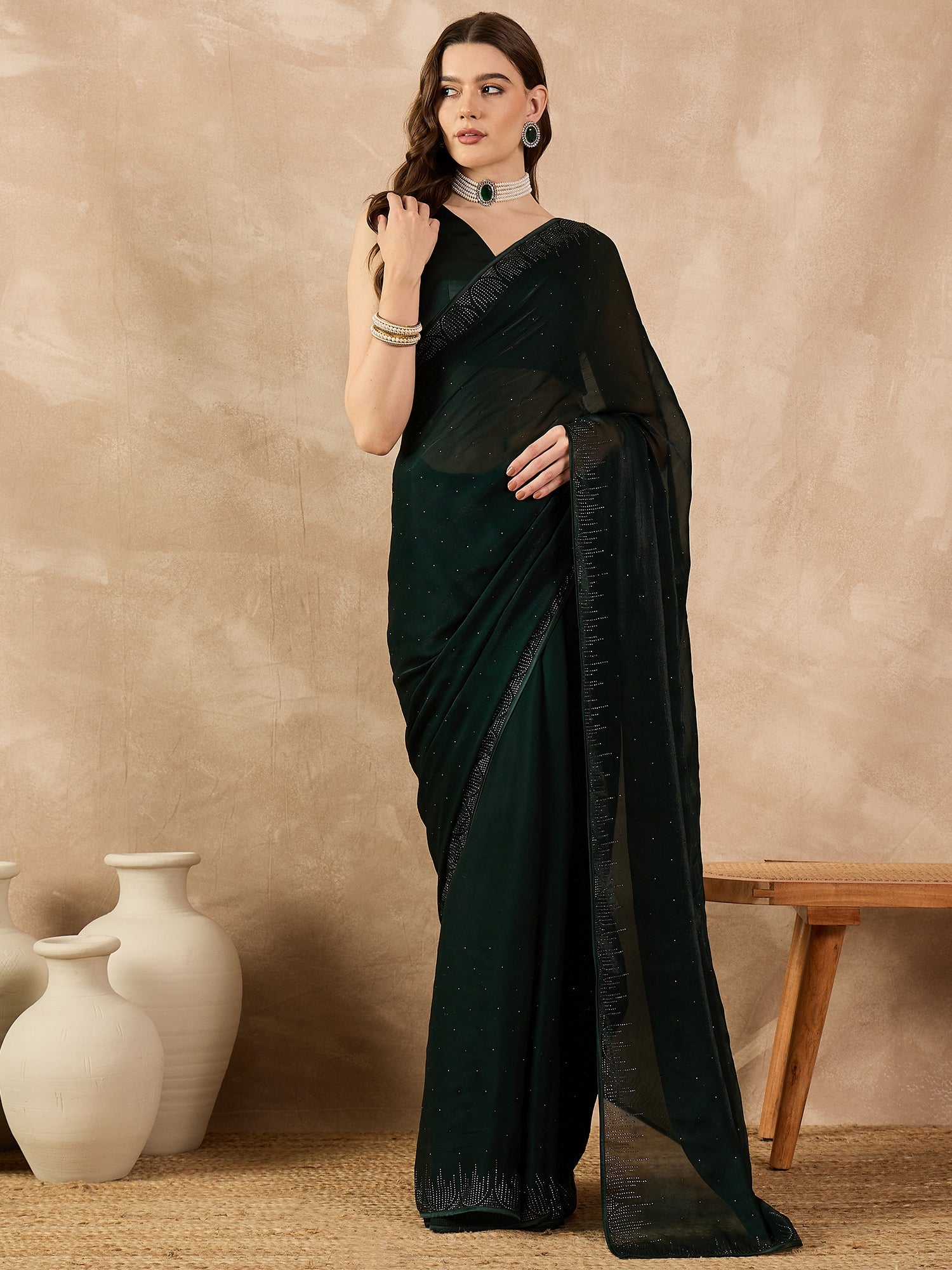Green Georgette Solid With Stone Work Border Saree with Unstitched Fancy Blouse