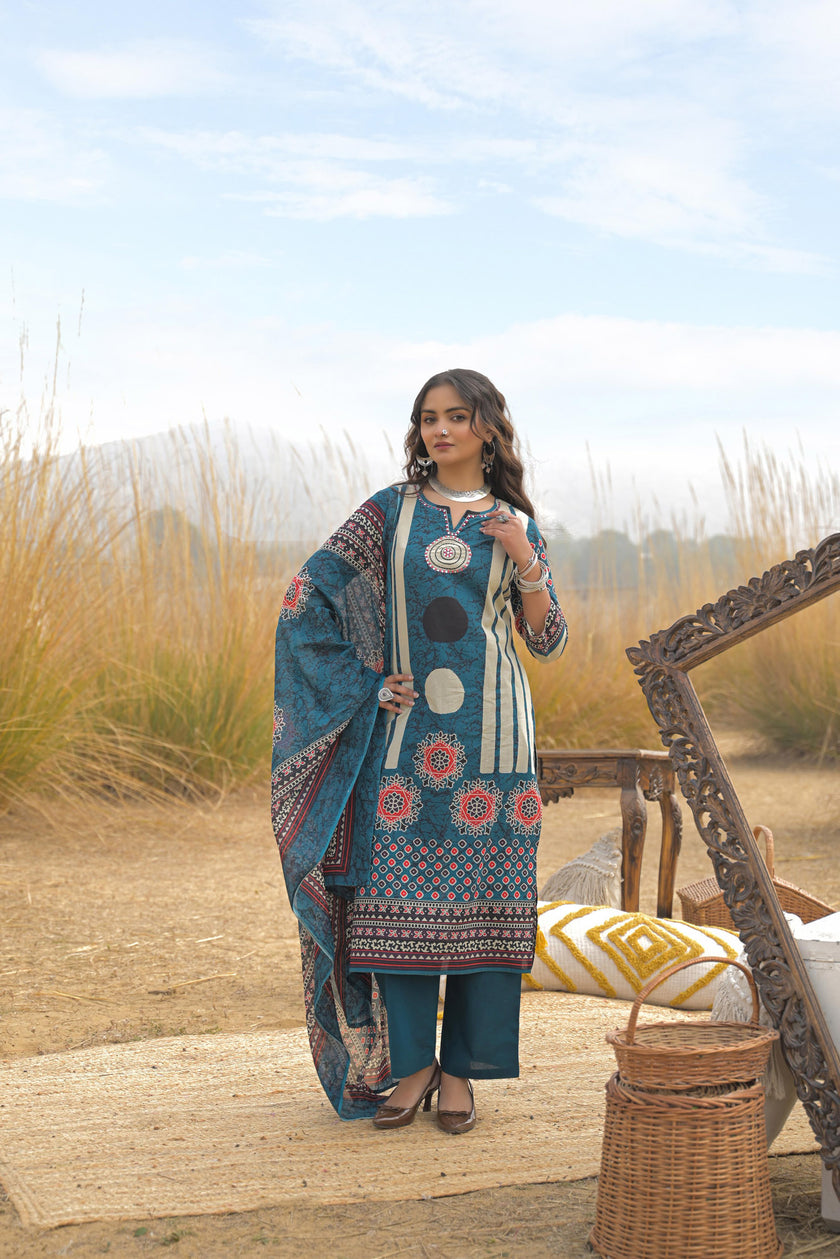 Blue Pure Cotton Ajrakh Printed A-Line Kurta Trouser With Dupatta