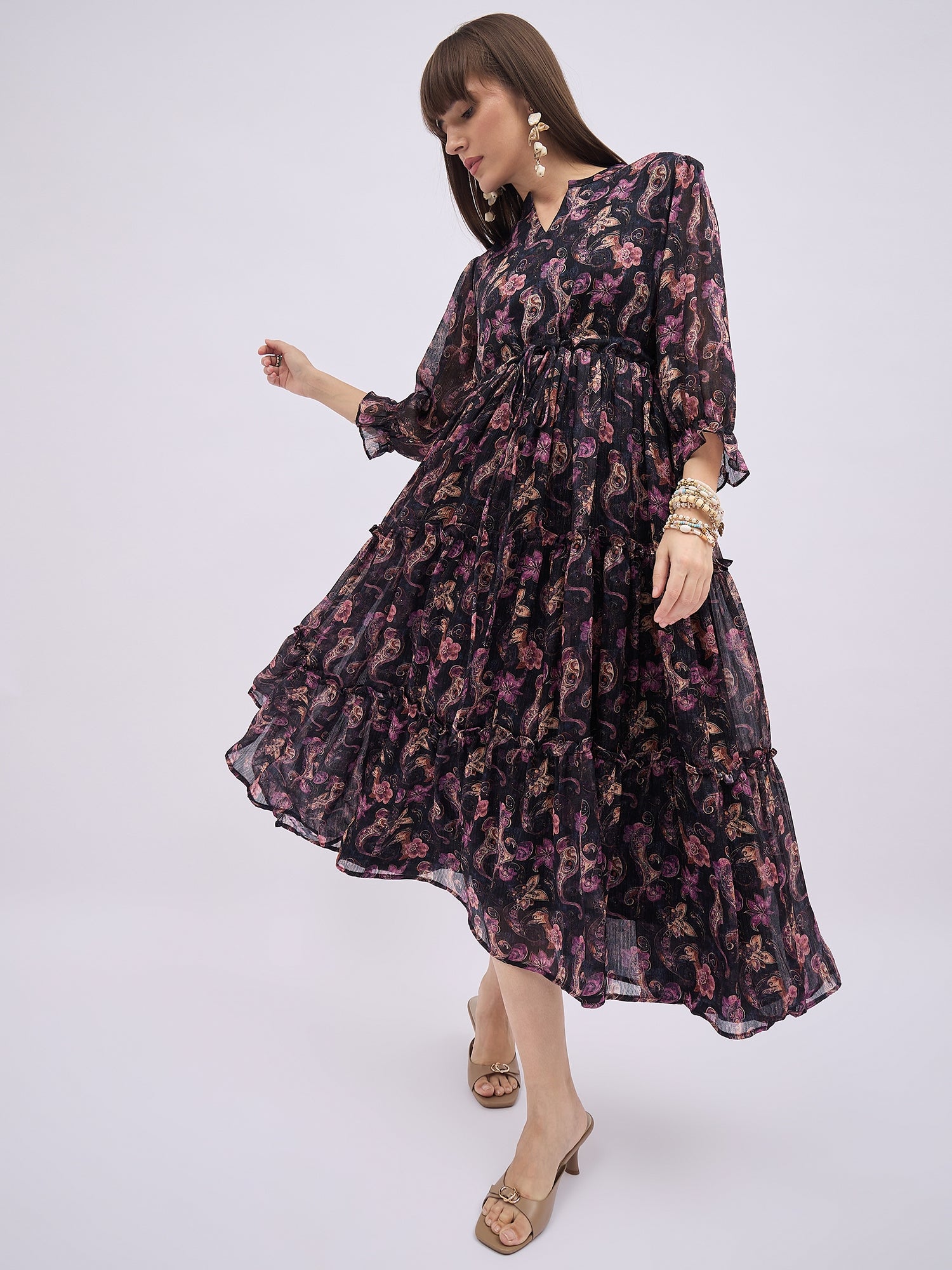 Multi Polyester Printed Fit and Flare Dress